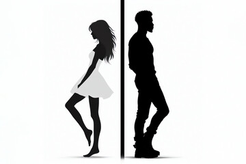 relationship white versus black, white girl opposite black man silhouettes on white background
