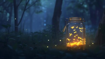 A jar filled with fireflies, casting a soft glow in the darkness.