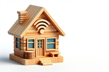 Smart house, wooden house icon with wifi sign on white background