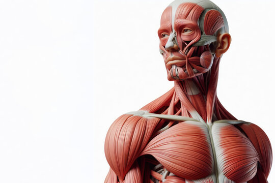 human anatomy showing body and head, face with muscular system visible on solid white background