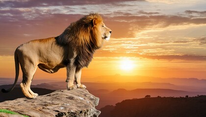 a proud male lion standing on the edge of a cliff with the african sunset on the horizon