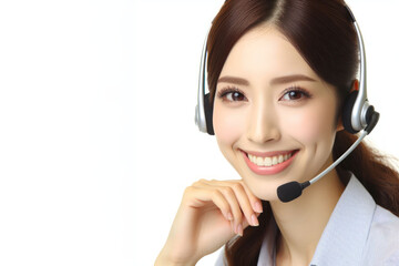 Fototapeta premium a smiling female call center helpdesk operator on a white background