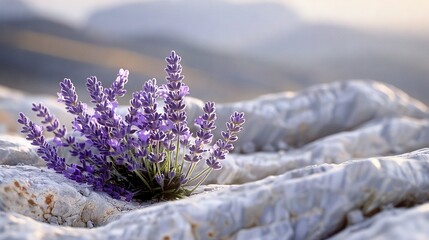   Close-up of purple flowers on white cloth with distant mountains in background - obrazy, fototapety, plakaty