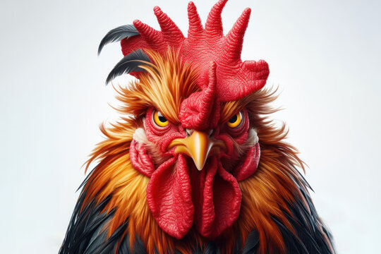 Angry rooster farm animal chicken with mean face isolated on white background