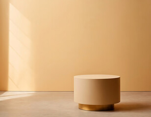 Demonstration podium - round beige podium on a beige background.