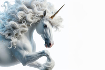 White horse unicorn in active pose on white background