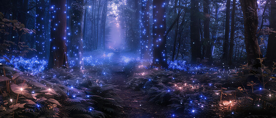 Enchanted blue forest with glowing lights