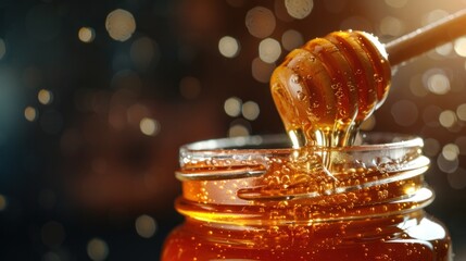 Close up of honey dripping into jar