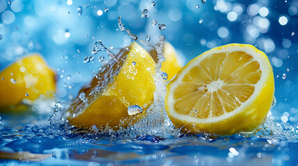 lemon on a blue wet background. cut lemon in drops and splashes of water.