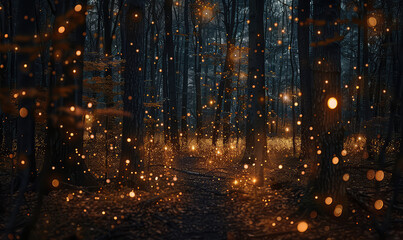Magical woods with golden light particles