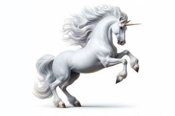 White horse unicorn in active pose on white background