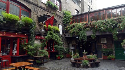 Fototapeta premium city, as you behold an old stone building boasting vibrant red doors and windows, adorned with British flags and hanging flowers, nestled under a bridge at street level.