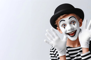 funny boy mime on white background copy space
