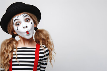funny girl mime on white background copy space