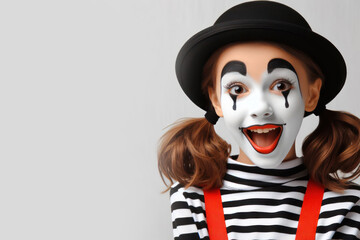 funny girl mime on white background copy space