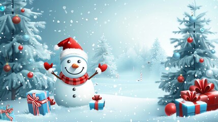 smiling snowman standing in snow near spruce trees, christmas balls and gifts