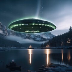 Mysterious UFO Hovering Over Snowy Mountain Lake