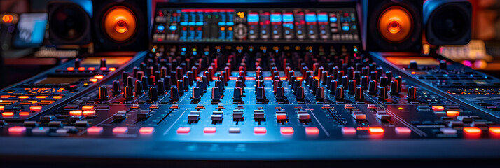 A Professional Studio with Sound Control Equipment ,
Wideangle shot of a mixing console for a recording studio Red cinematic studio light
