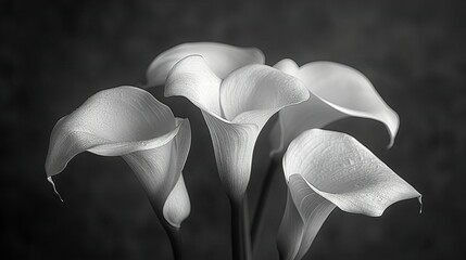   Three white calla lilies in a vase against a dark background in black and white