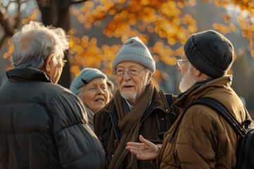 Senior people walking in the autumn park. Group of seniors spending time together.