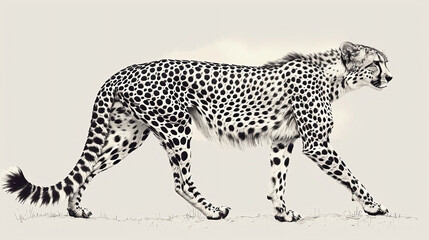 Cheetah side full body illustration, focus: printmaking style, pen tracing, black and white