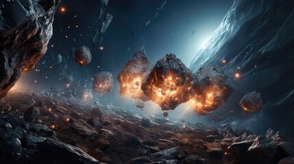 Naklejka premium Dramatic Cosmic Landscape with Glowing Asteroids