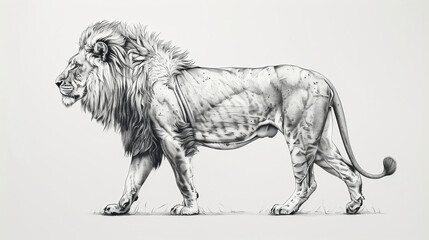 Lion side full body illustration, focus: printmaking style, pen tracing, black and white, high-resolution