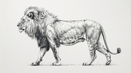 Lion side full body illustration, focus: printmaking style, pen tracing, black and white, high-resolution