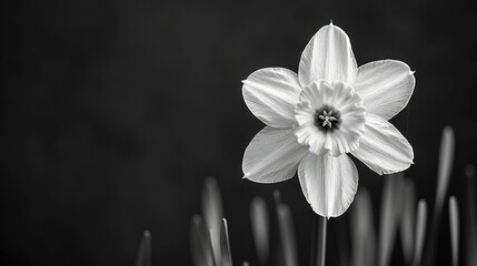  A monochrome image of a solitary white daffodil against a dark background