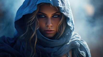 Mysterious Woman in Blue Hooded Cloak