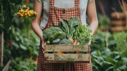 Woman farmer presenting freshly harvested organic vegetables in a box on the farm