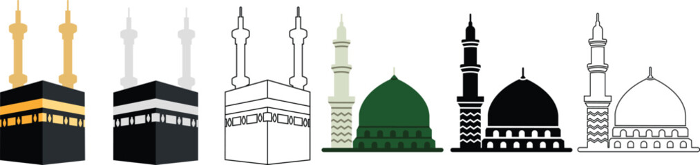 Kaaba, Mecca and Madina Pak Islamic sacred Masjid-Al-Haram on transparent background. Mosque Kingdom of Saudi Arabia icon set use for islamic logos, web, app, and other social media website.