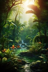 Lush Tropical Rainforest Landscape with Waterfall