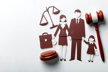 Paper cut family, judge gavel on white background