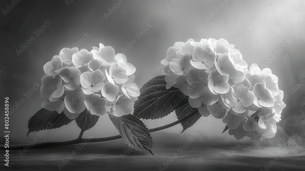 Poster a monochrome image depicts a tree's branch with white blossoms in the foreground and a hazy atmosphe