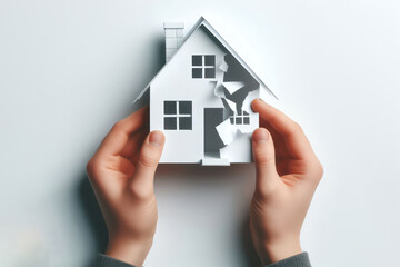 a house made of paper in a minimalist style is torn in half by hands on white background