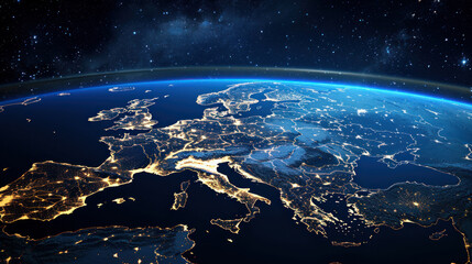 Cities in Europe glow at night, revealing human activity from space. This 3D rendered image of Earth shows bright lights in countries like Germany, France, Spain, and Italy.
