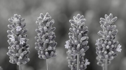   Black and white photo of lavender field with bokeh flowers