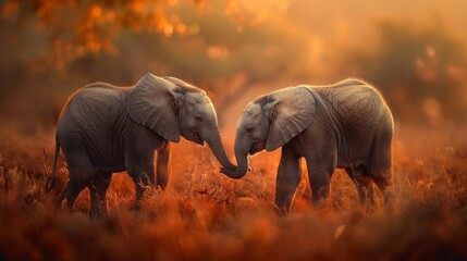 2️⃣ Two young elephants playing together in an African savannah background, with telephoto lens shots taken in natural light producing warm tones.  - Powered by Adobe
