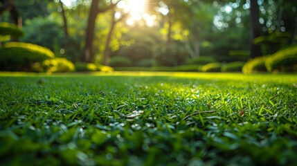 Naklejka premium Vibrant Morning Dew on Fresh Green Grass in a Sunlit Park