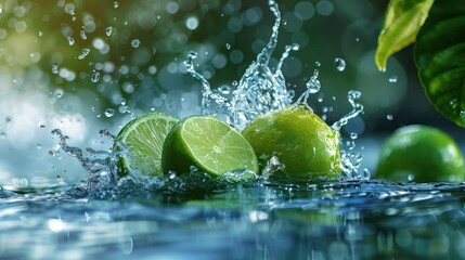 Close up of fresh lime falling into the water with a splash.