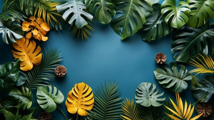 Vibrant Tropical Leaves on a Rich Blue Background: A Creative and Colorful Botanical Layout