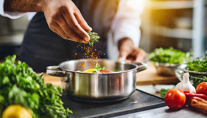 chef's hands seasoning pot over flames in restaurant kitchen