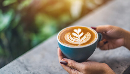 woman's hand delicately holding a beautifully crafted coffee latte, captured from a high angle view