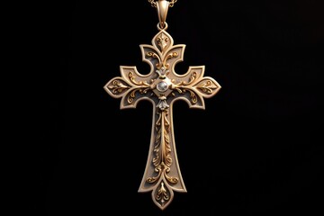 Ornate Golden Cross Pendant on Black Background