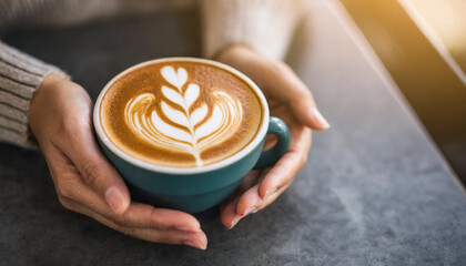 woman's hand delicately holding a beautifully crafted coffee latte, captured from a high angle view