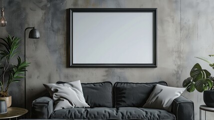 Mockup of an empty picture frame on a living room wall. Horizontal orientation. Artwork template in interior design
