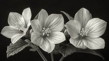   Three black-and-white flowers on a stem against a dark background