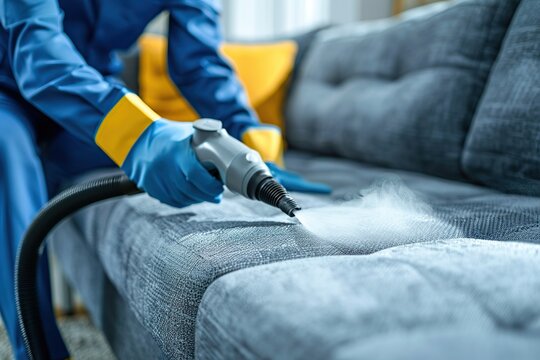 Cleaning modern couch using professional steam cleaner