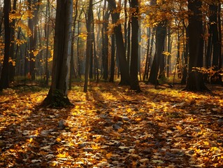 Obraz premium Colorful Autumn Scene Close-Up of Serene Forest with Golden Leaves